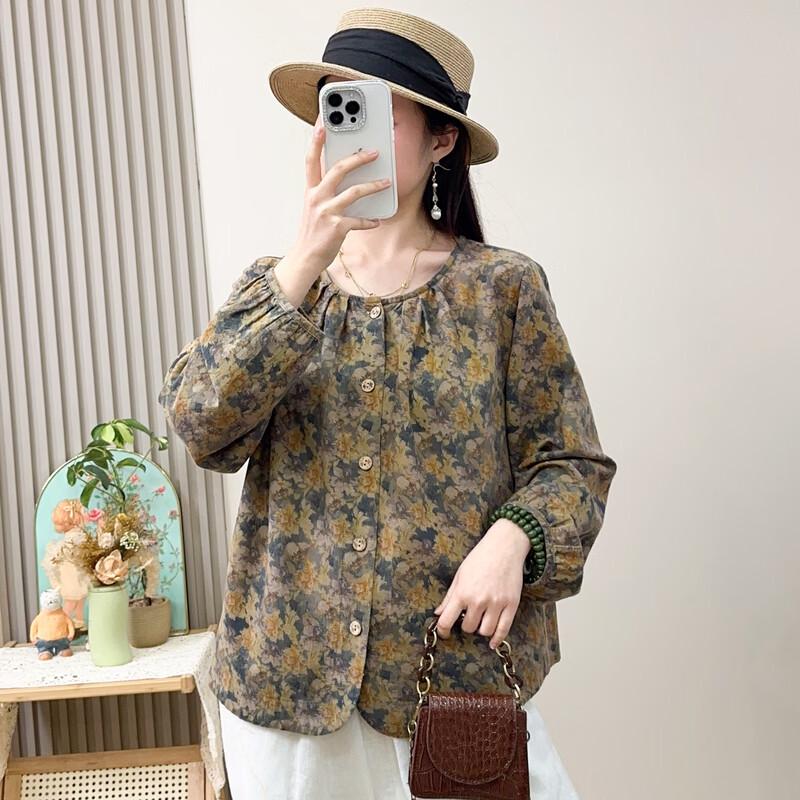 Women's Floral Puff Sleeve Round Neck Blouse