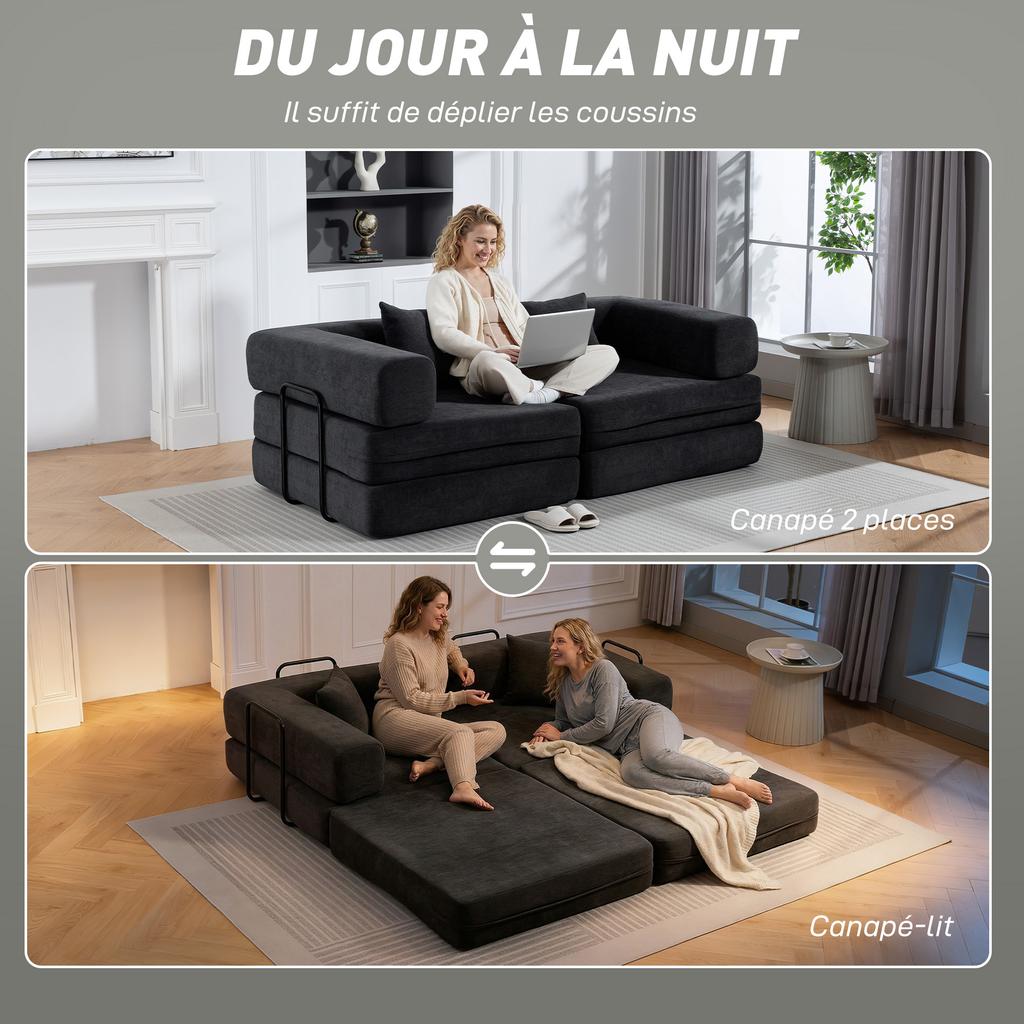 Convertible Sofa, 2-Seater, Chenille Sofa Bed 198 cm, Wide Seat, 2 Cushions, Dark Grey