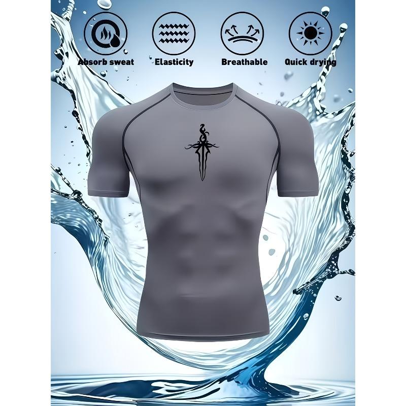 Men's Compression Shirt Quick Dry White Gym T-Shirt Black Gothic Sword Print Workout Sportswear