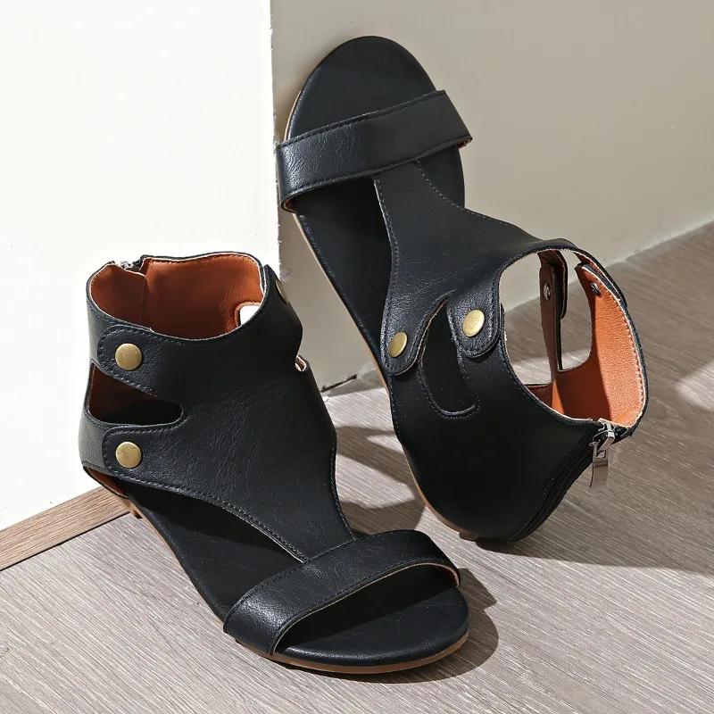 Schuhe für Damen 2025 Marke Reißverschluss hinten Damen Sandalen Mode Übergröße Nieten Casual Zehenfrei Weiche Sohle Leichte Flache Sandalen