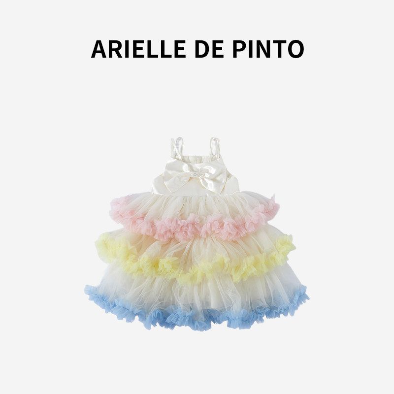 French Arielle De Pinto Girls  Dress Summer Dopamine Rainbow Bow Cake Princess Dress Rainbow color 90