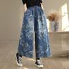 Plus Size Vintage Floral High Waist Casual Loose Women Spring Summer Autumn Jeans Denim Wide Leg Pants