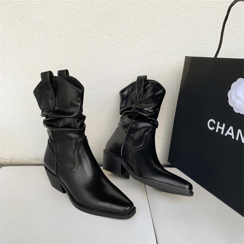 Fashion New Autumn Winter Split Leather Women Boots Fashion Pleated Square Toe Knight Boots for Women Chunky Heel Mid-calf Boots Shoes