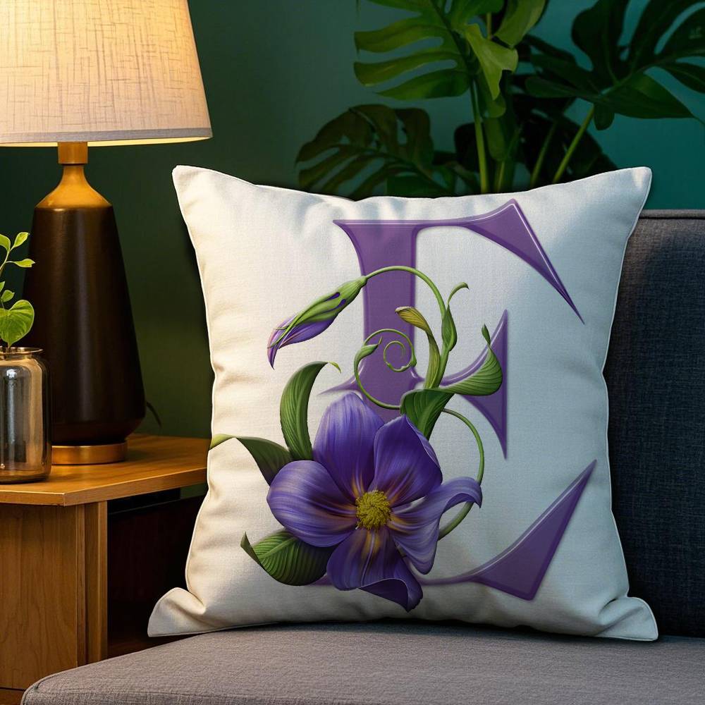 Simple Purple Flower Letters Pillow Case Plush Fabric Soft Double Sided Print Sofa Cushion Cover Throw Pillow Covers