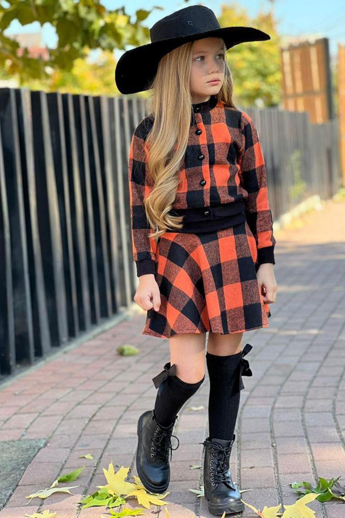 

Girl s Hat and Square Patterned Orange Skirt Suit 3-12 Years