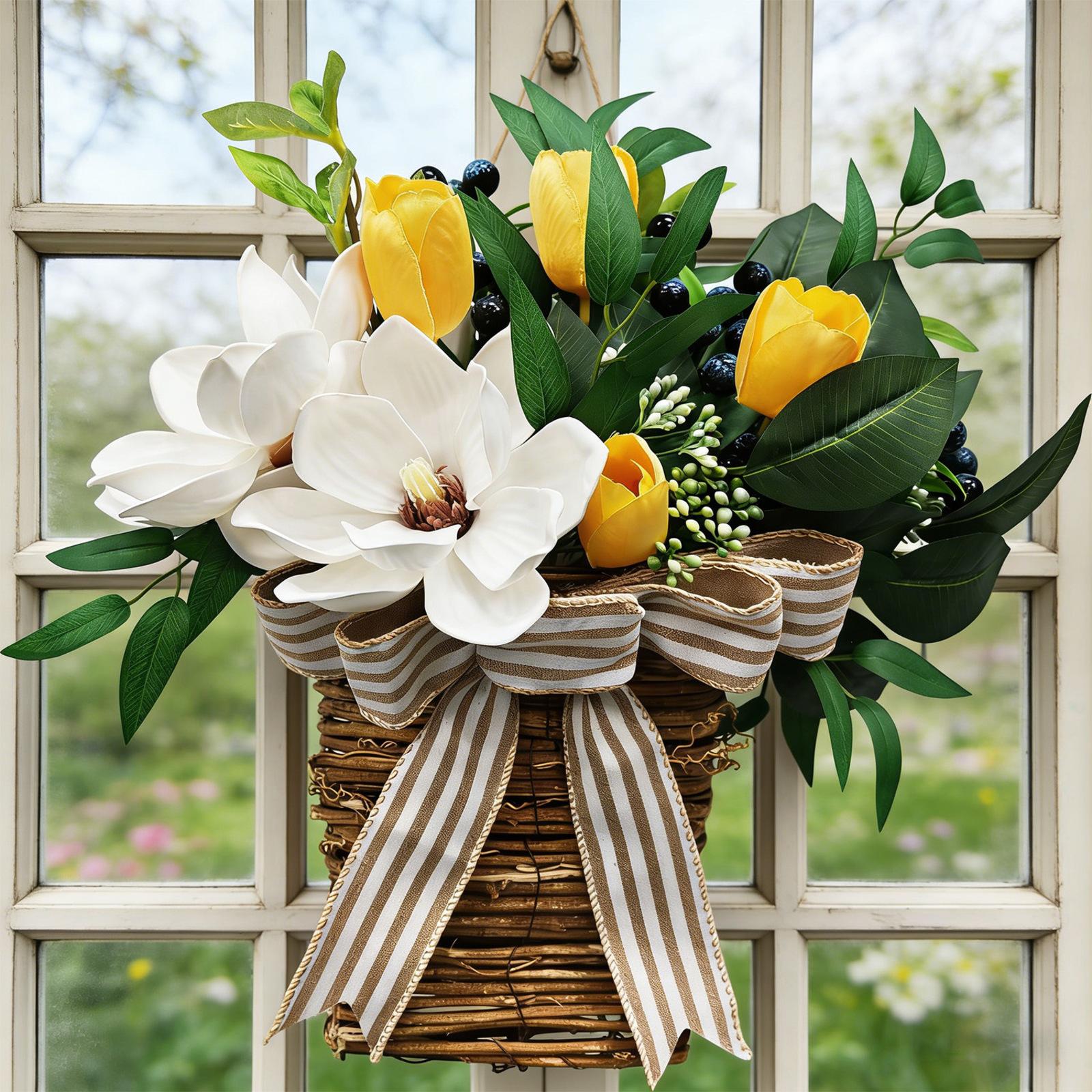

Springtime Artificial Flower Basket Wall Hanging Home Front Door Basket Hanging Wreath One Size