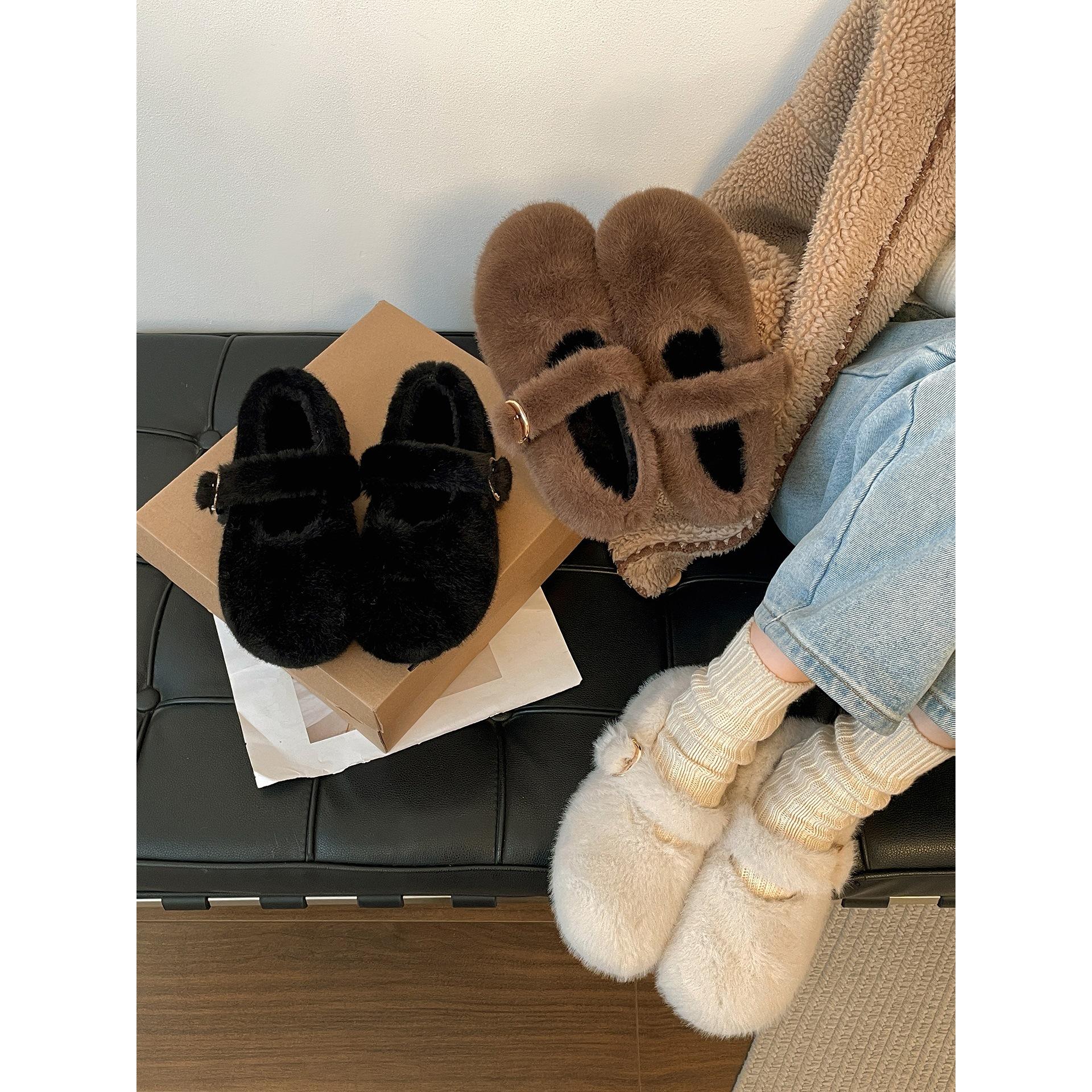 

Wang Fan white flat-bottomed plush shoes autumn and winter soft-soled Mary Jane cotton shoes 40 коричневий