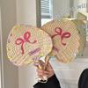Summer Outing Small Fan! Pink Bows Embroider Fan Young Adult Heart Hand-Woven Straw Portable Fan