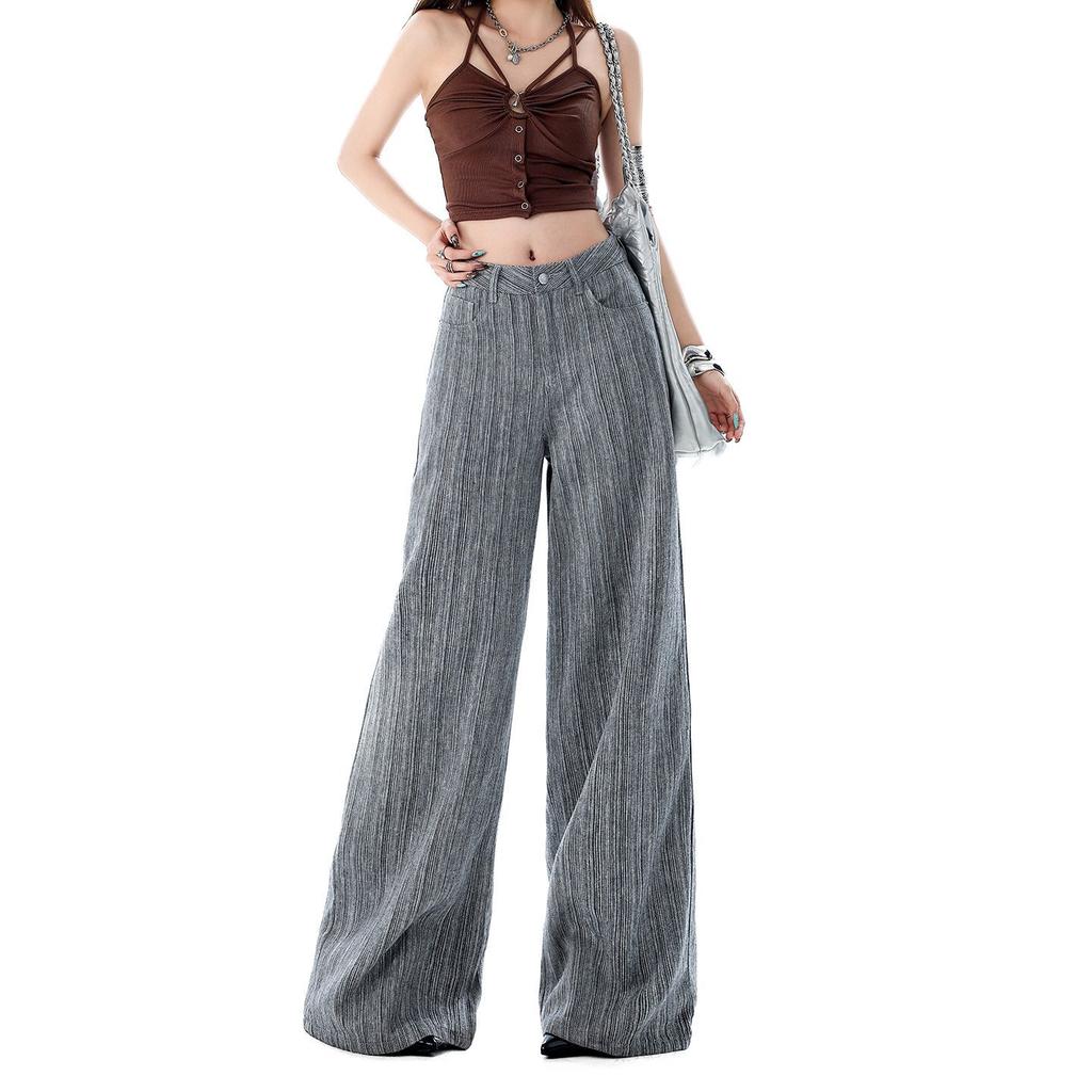 Spring Summer Thin Linen Cotton Textured Cool Drape Relaxed Wide Leg Casual Denim Pants For Ladies Casual Pants Oversize Denim Trousers