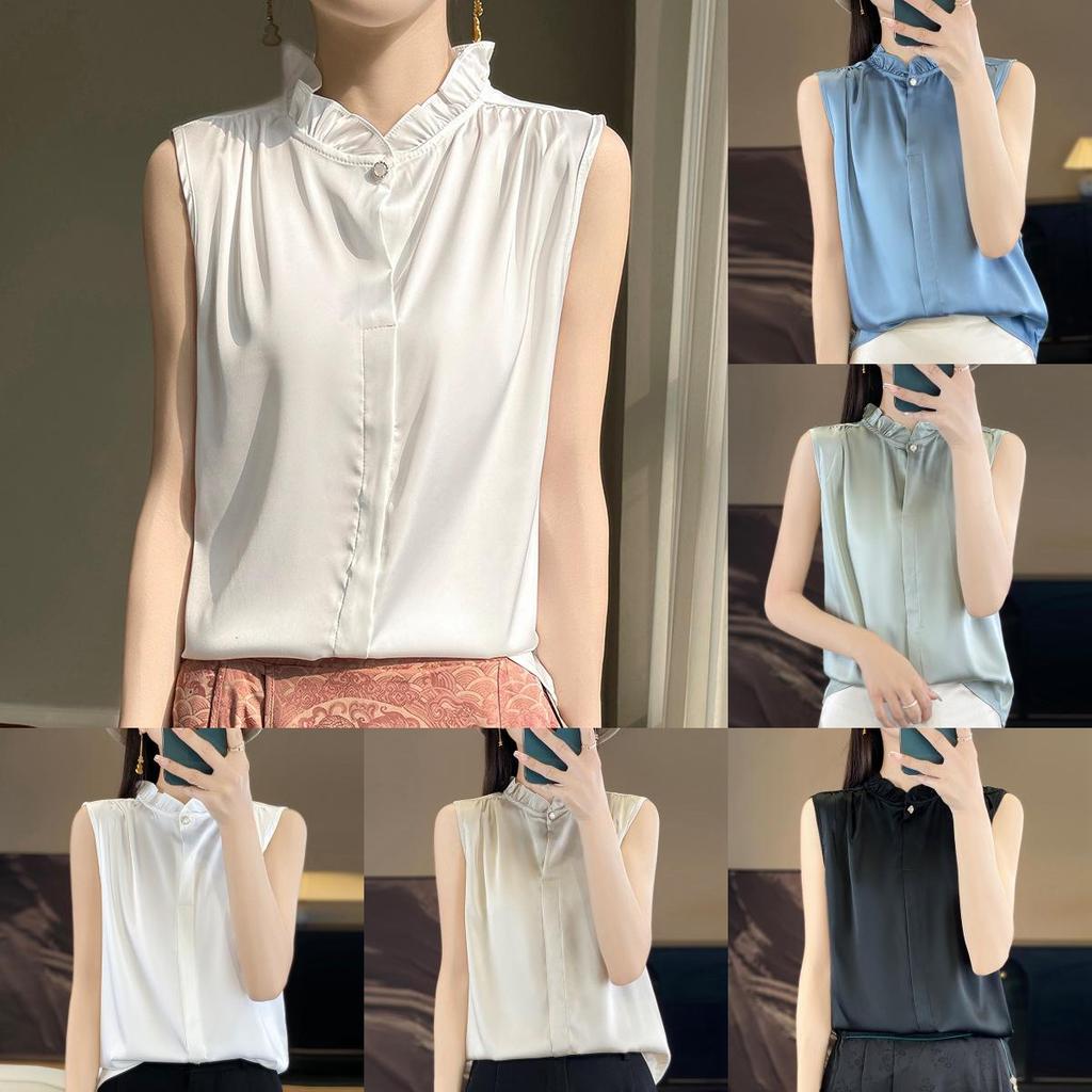 Womens Sleeveless Tank Top With High Neck Acetate Fabric For Office Wear