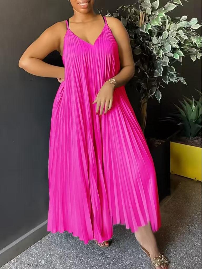 Plus Size Spaghetti Strap Pleated V-Neck Summer Dress with Flowing Hem