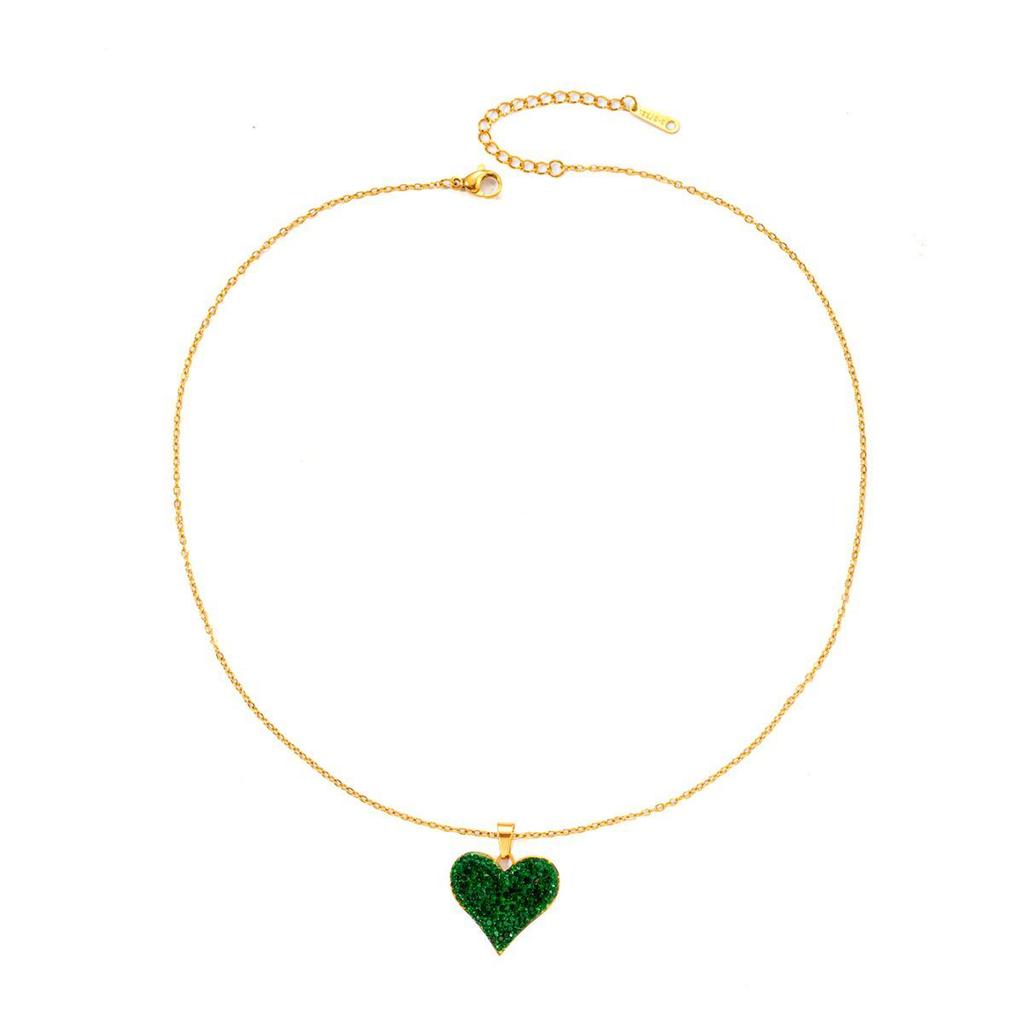 Versatile Green Diamond Heart Chain Necklace - European & American Fashion