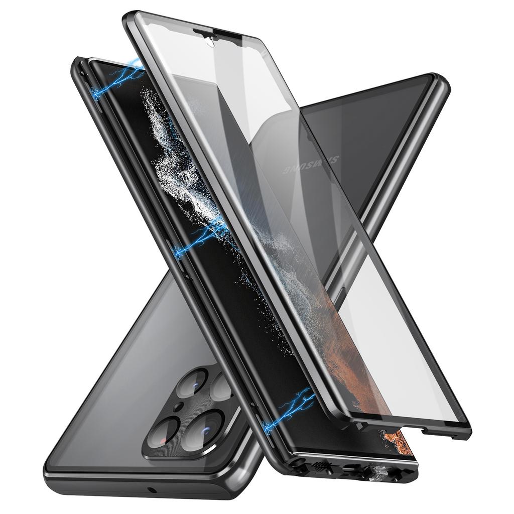 For Samsung Galaxy S22 Ultra 5G Phone Case Double-Sided Tempered Glass+Magnetic Metal Frame Cover with Lock Buckle