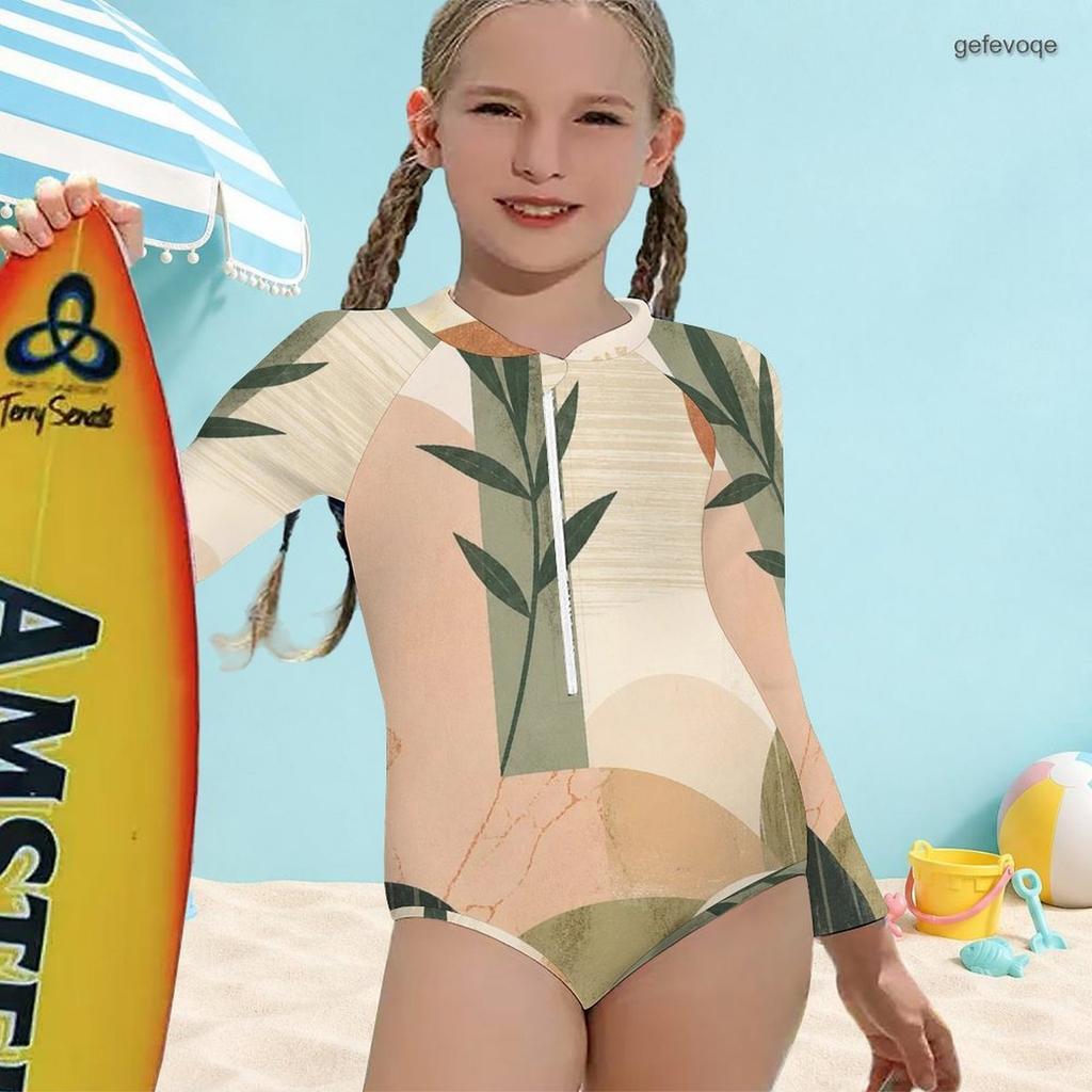 Girls High Neck Long Sleeve Front Zip Blue White Printed One Piece Swimsuit