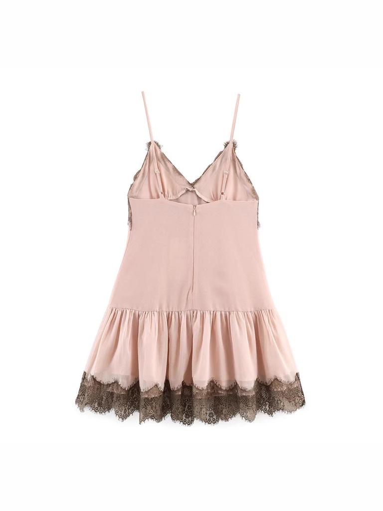 Sweet & Spicy Lace Patchwork Sleeveless Camisole Dress with Contrasting V-Neck Mini Skirt