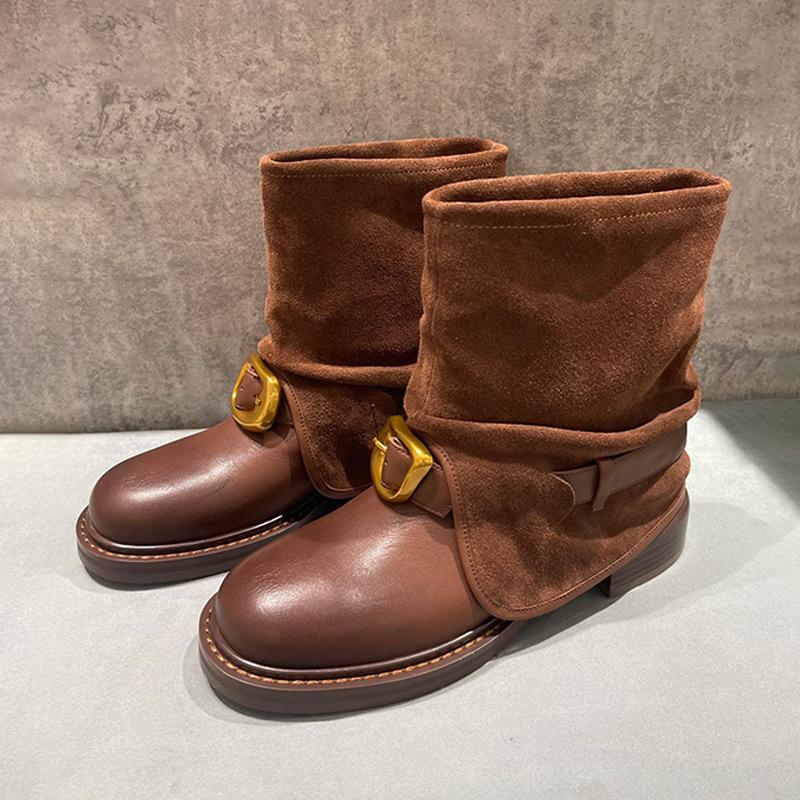 Sheepskin version~ Zhao Ruth has the same handmade round head belt buckle Martin boots for women's retro comfortable thick heel trousers and short