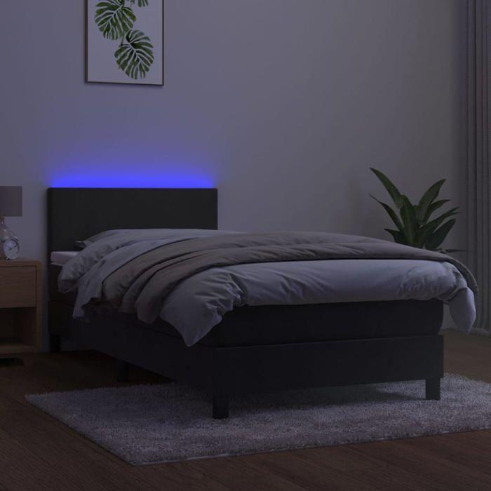 Sommier tapissier avec matelas - 90x190cm - Tête de lit réglable - Bande LED colorée - Velours gris foncé