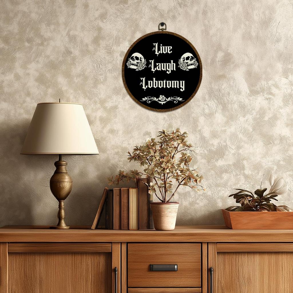 KLYTINK Gothic Skull Round Wall Art,Dark Humor-Live Laugh Lobotomy-Canvas Hanging Decor, Punk Rock Alternative Quote Sign for Bedroom, Office, Dorm