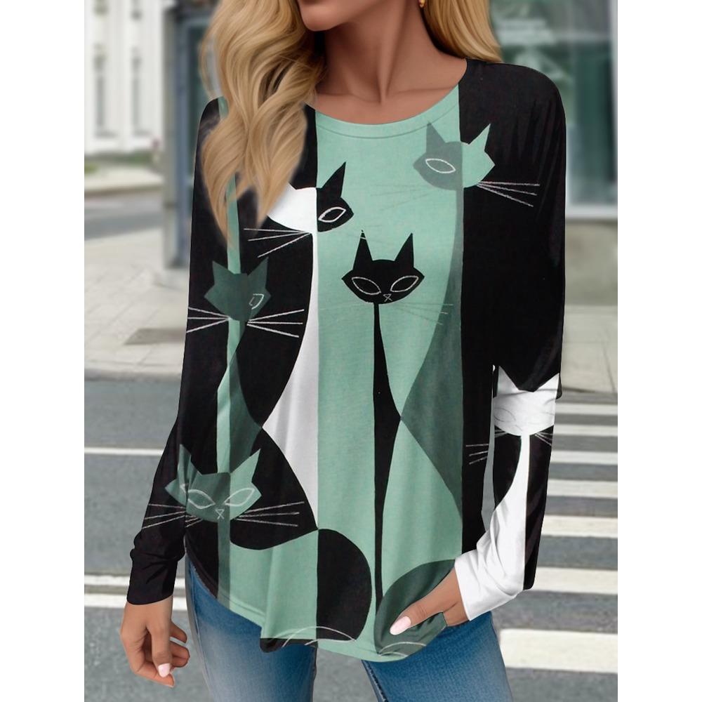 Women's T-shirt Cat 3D Yellow Red Blue Printed Long Sleeve