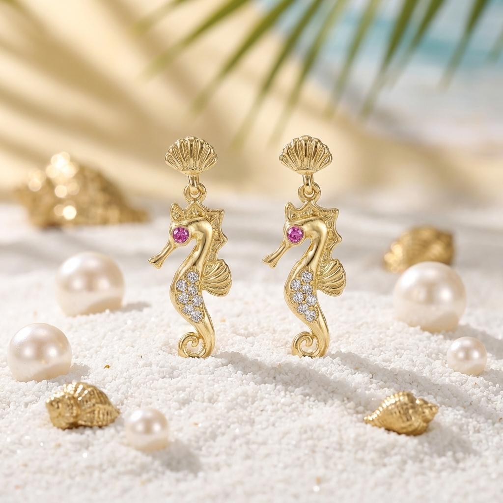 Elegant Pink Clear Rhinestones Seahorse Drop Earrings for Women Gold Color Shell Studs Nautical Ocean Theme Jewelry Summer Gift