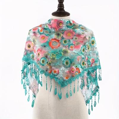 Elegante Sciarpa a Triangolo con Stampa Floreale in Pizzo Traforato, Turbante Traspirante in 100% Poliestere Tinto, Inelastico, Senza Piume, Adatto per Donne, Ballo di Fine Anno, Serata Fuori