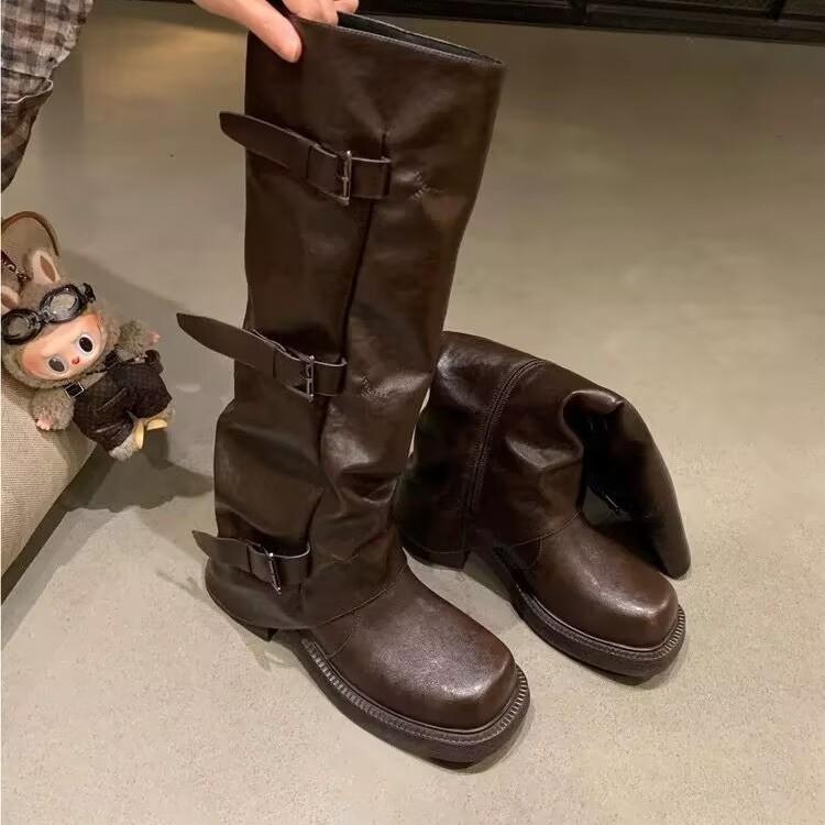 Grape Mom's Same Thick-soled Trouser Boots for Women's Autumn Niche Design Belt Buckle Western Boots Pleated Medium Tube Stacking Boots