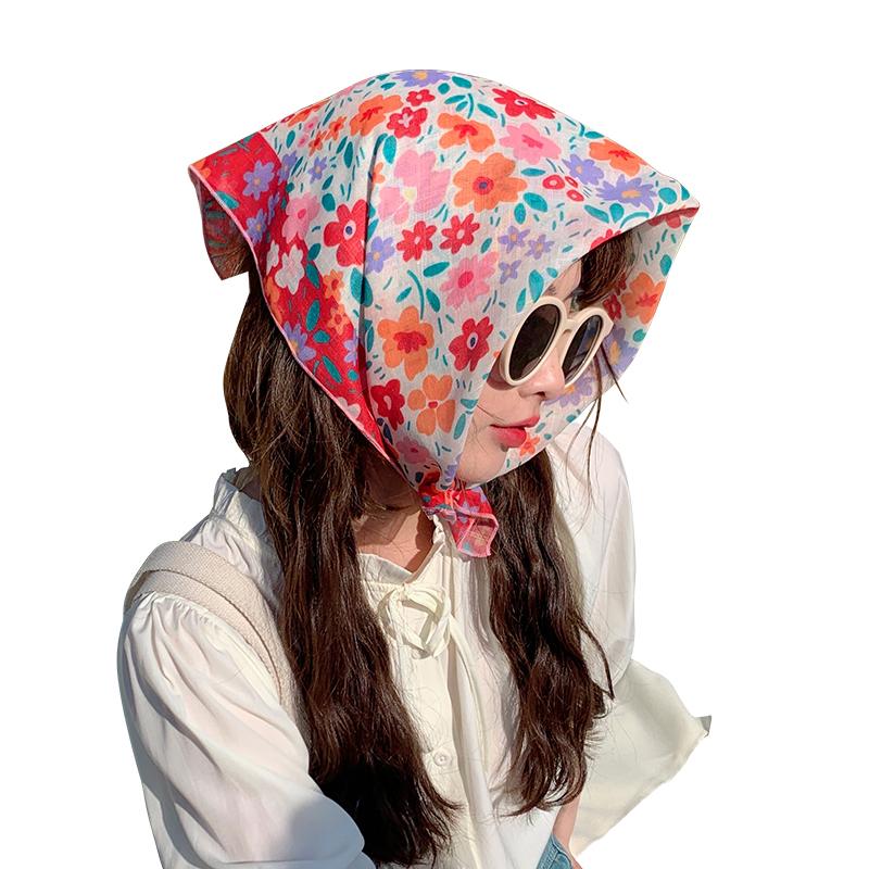 Summer pastoral silk scarf women's floral cotton and linen small square scarf Korean small fresh headscarf seaside beach sunscreen headband