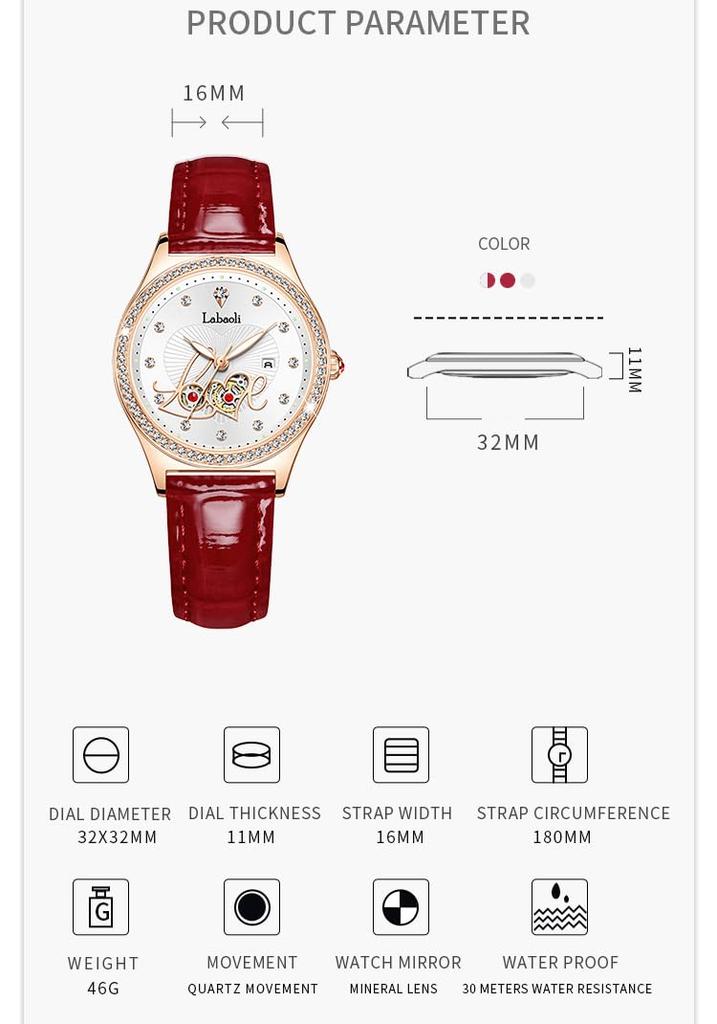 Love Watch Red Leather Strap Diamond Red and White Women's Wristwatch, Stylish, Waterproof, Simple, Business, Cute, Casual, Luxury, Gift,