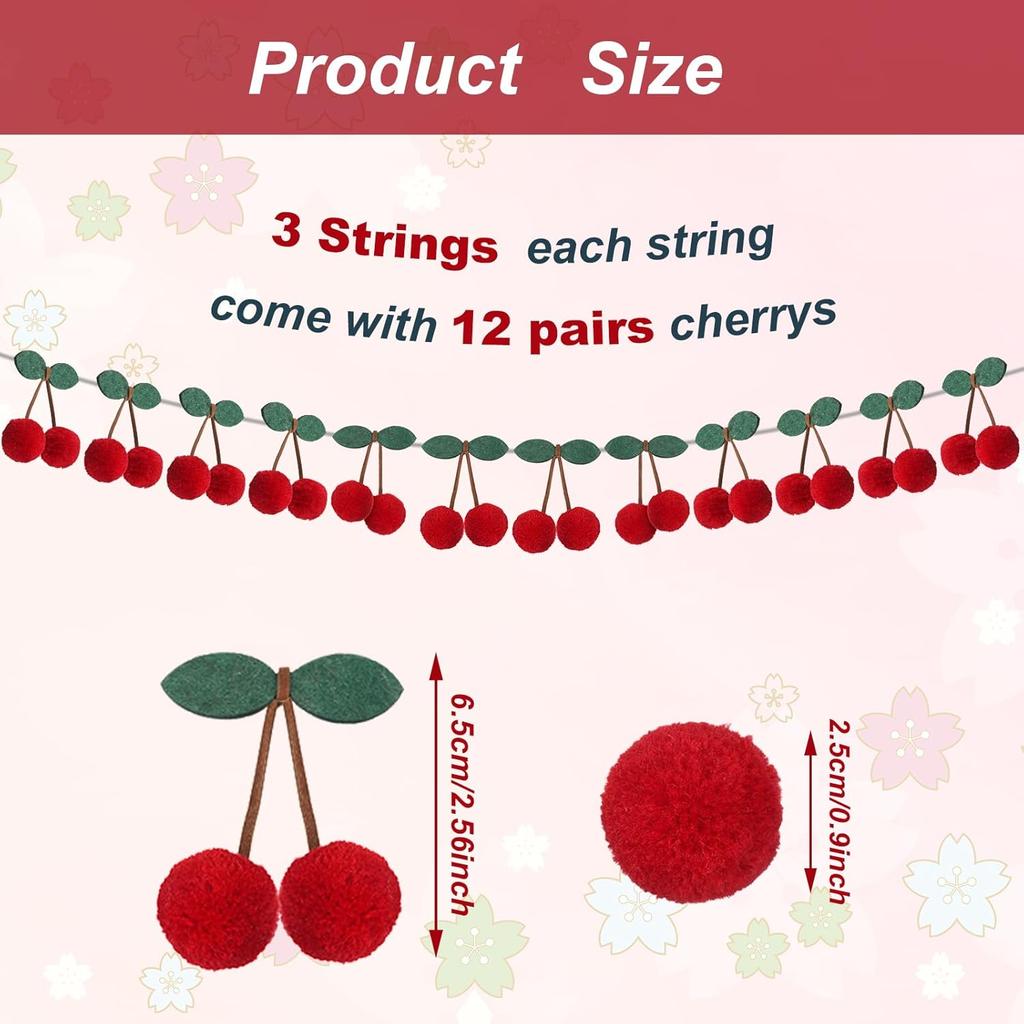Jexine 3 Pieces Cherry Garland Decor Summer Cherries Party Decoration Pom Pom Felt Bunting Banner 6.6 Ft Colorful DIY Fruit Hanging Ornaments for