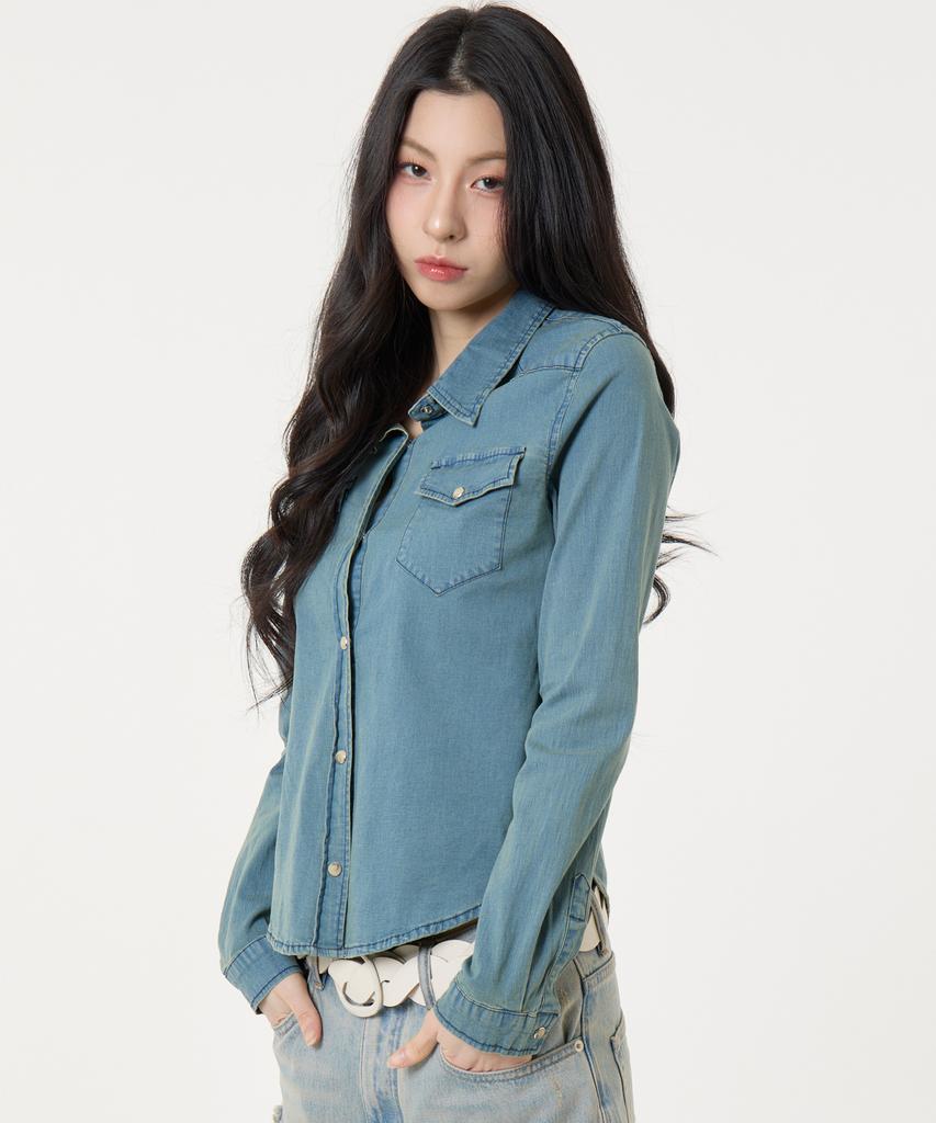 UNKNOWN PLANET Ring Snap Slim Fit Denim Shirt Sand Blue