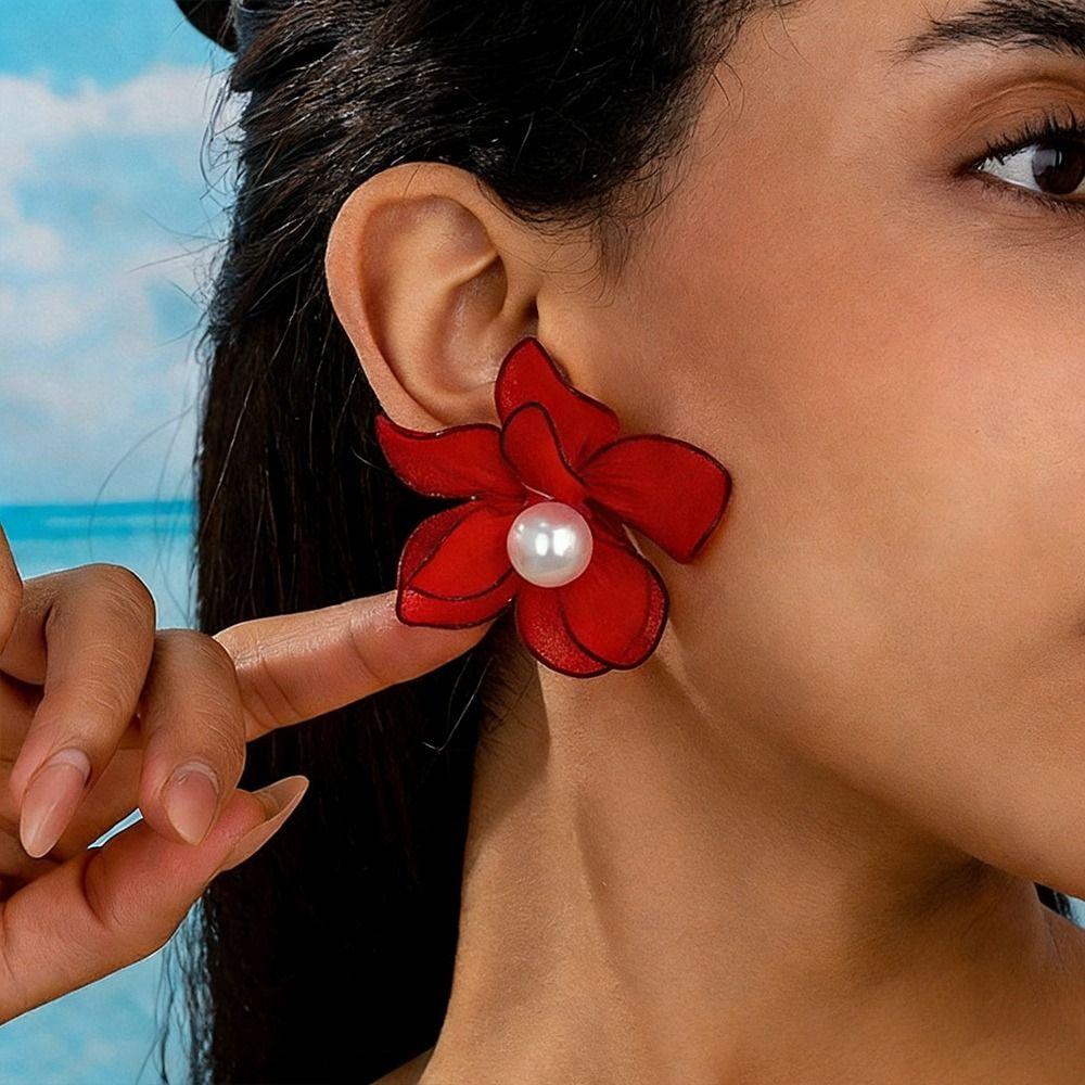 Mesh Petal Stud Earrings Fabric Mesh Stud Earrings Gifts Pearl Geometric Earring