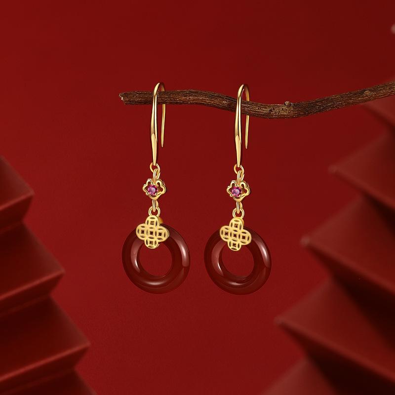 Ping An Buckle Chinese Knot Agate Ear Hook Vintage New Year's Gift Versatile Earrings Ear Jewelry