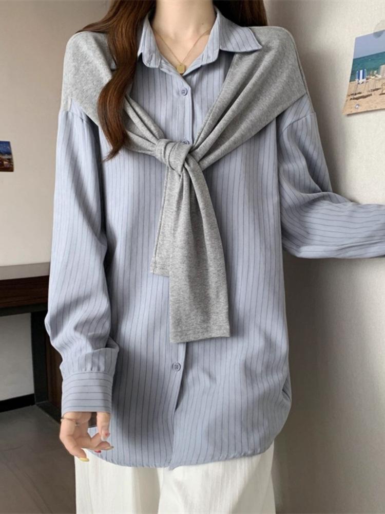 Women's Blue Striped Two-Piece Shawl Long-Sleeve Shirt - 2025 Autumn Loose Fit Korean Style