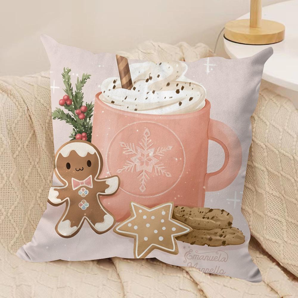 Christmas Pink Gingerbread Cushion Cover Silky Short Plush Invisible Zipper Dustproof Sofa Pillow Case For Home Decor