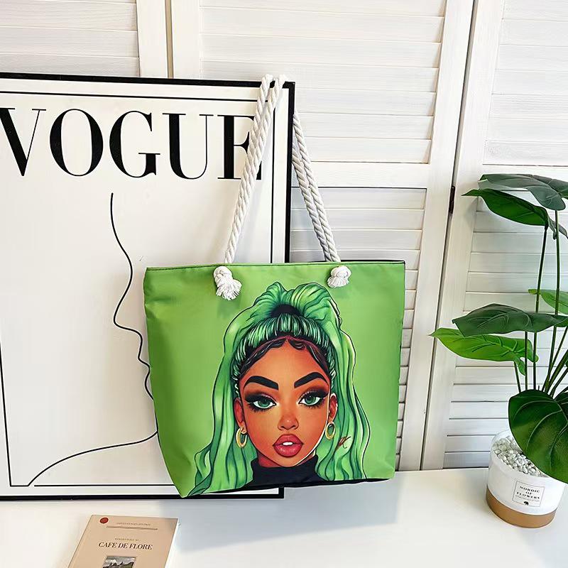 Versatile Women's Large Capacity Foldable Tote Bag with Zipper - Cross-Border Fashion, Printed Single-Shoulder, Perfect for Shopping or Beach.