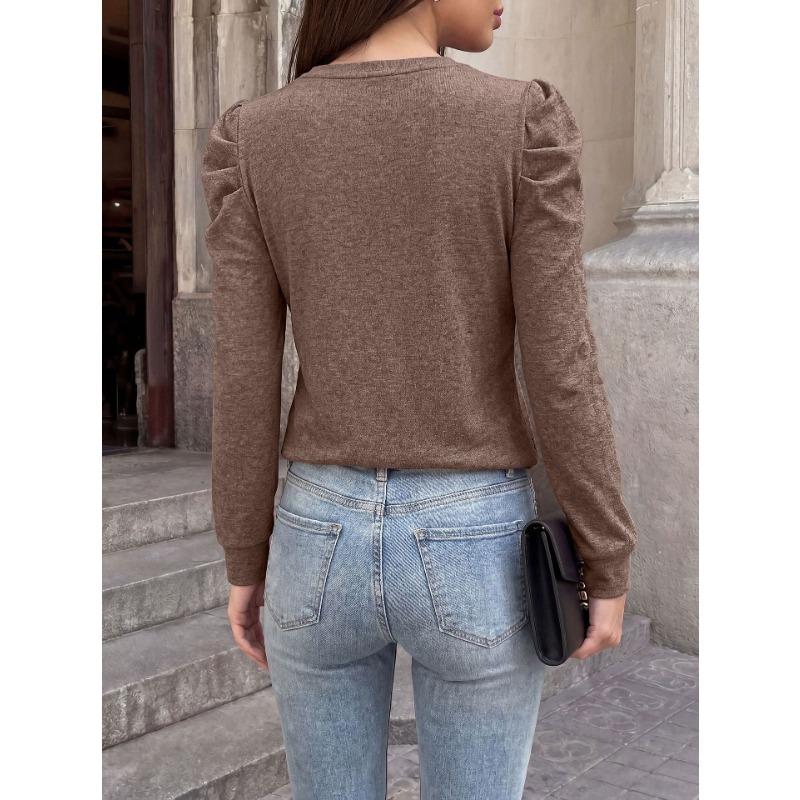Women Loose Round Neck Pleated Puff Long Sleeve Solid Color T Shirt Top