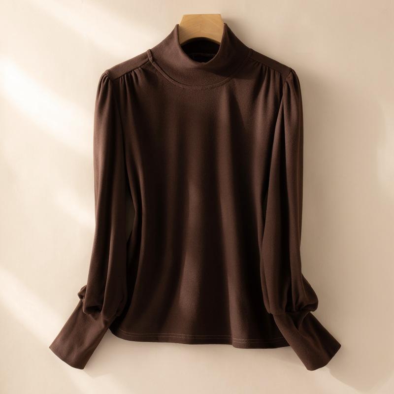 Camisa de Otoño e Invierno para Mujer con Cuello Medio Alto, Volantes en los Hombros y Bajo, Top Ajustado de Manga Larga