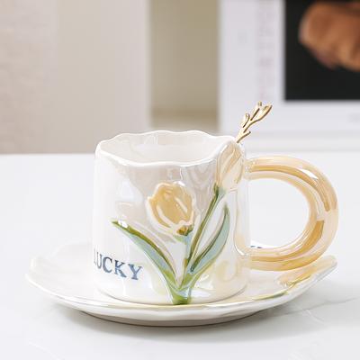 Neue Tulpen-Kaffeetasse, Keramiktasse mit Blumenmotiv, hochpräzise Wassertasse mit großem Fassungsvermögen, hohe Temperaturbeständigkeit, Bürotasse für Mädchen