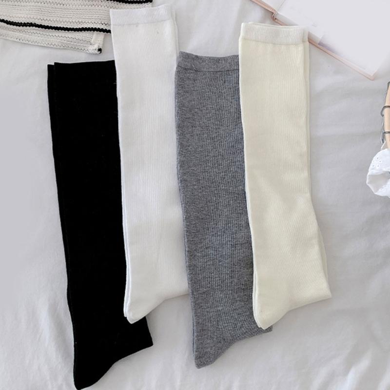 Women Solid Color Ribbed Cuffs Thigh High Stockings Japanese Preppy Students Stretchy Over The Knee Long Boot Socks