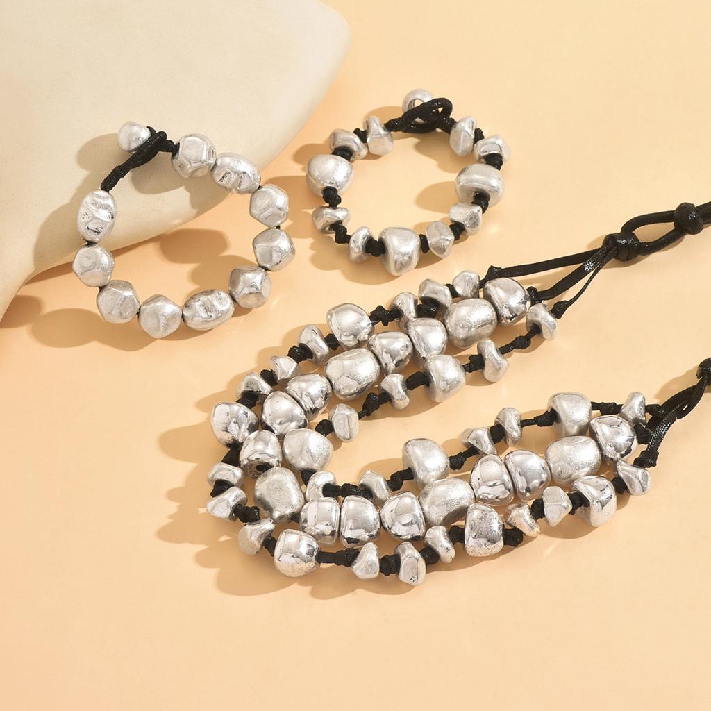 Mehrschichtiger Punk Übertriebene Unregelmäßige Runde Perlen Geknotete Seil Choker Halskette Armband Set Modeschmuck Heißer Verkauf Party Geschenk