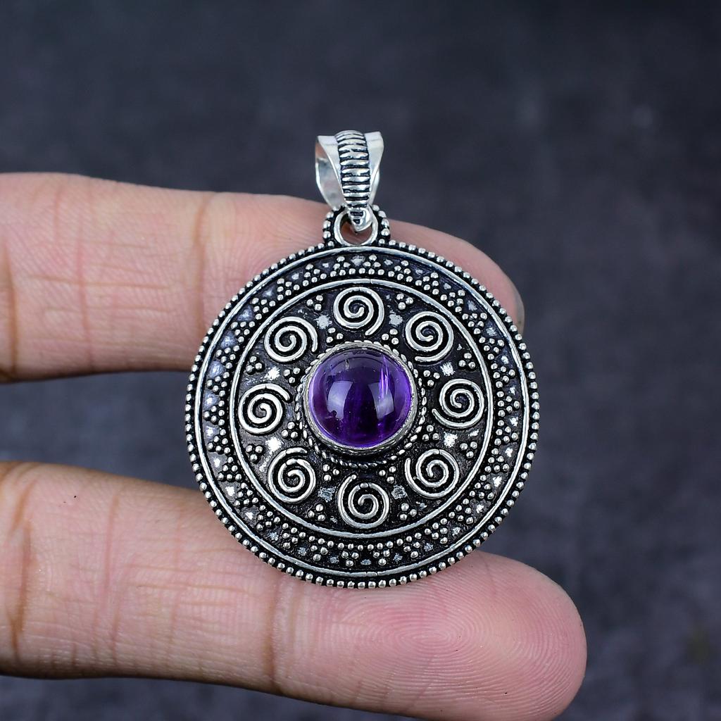 Sage Amethyst Gemstone Handmade 925 Sterling Silver Jewelry Pendant 1.75" D5W27