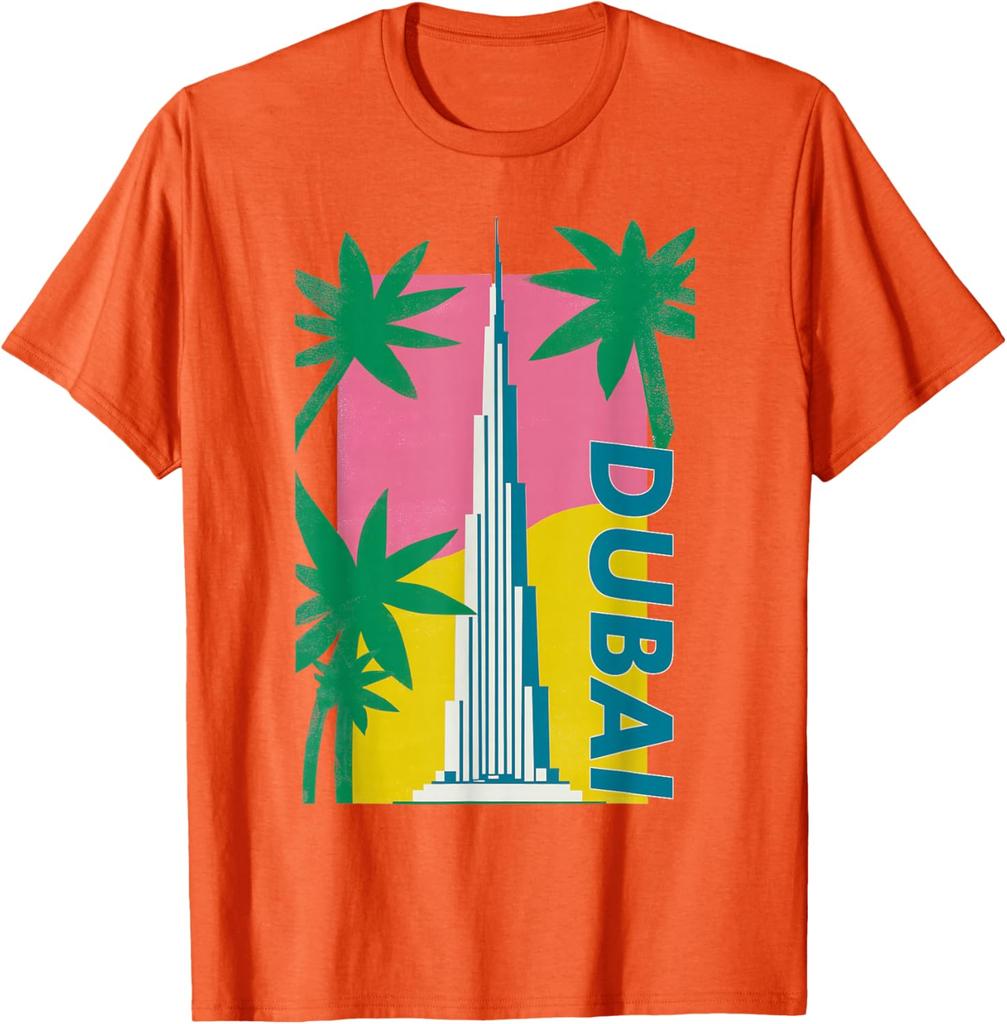 Dubai Burj Khalifa Palm Tree Retro Graphic Tee Men Casual Cotton TShirt