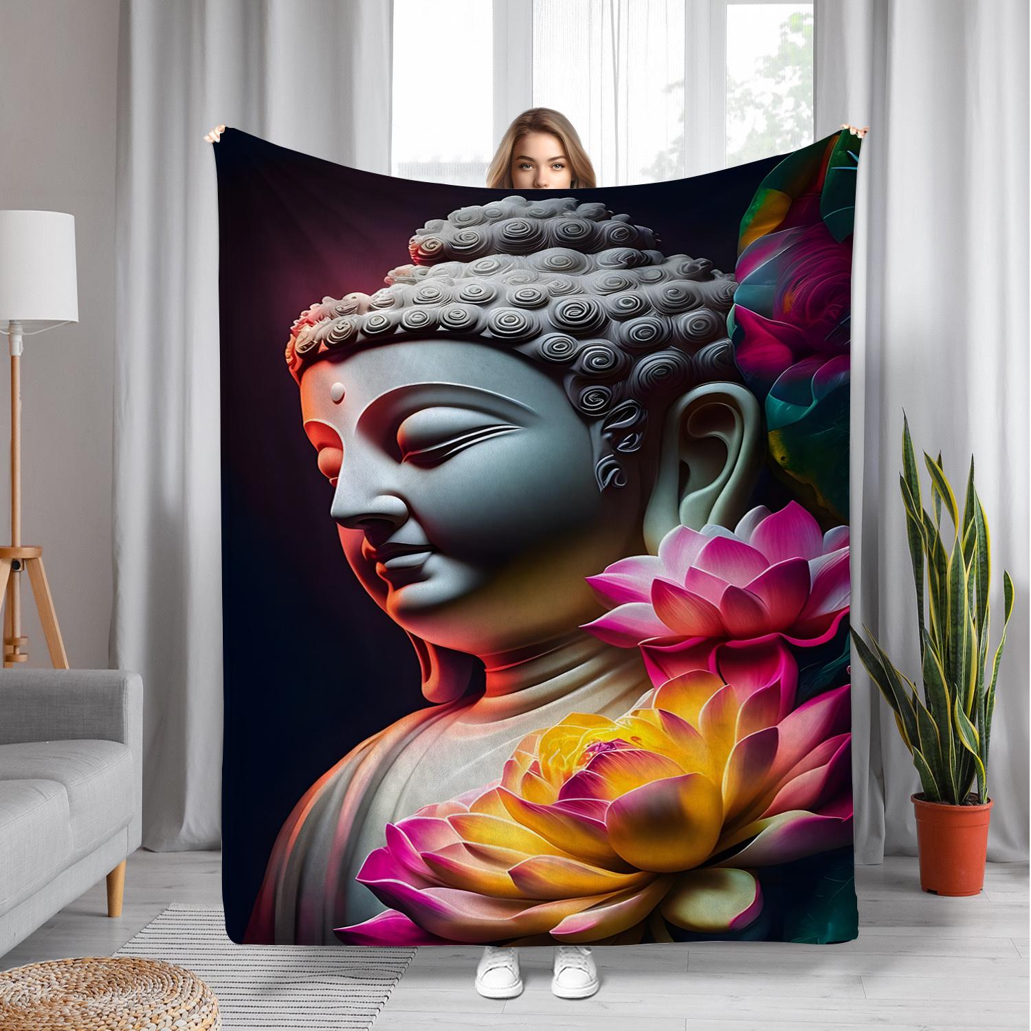 

Elegant Buddha statue pattern Flannel printed blanket suitable for all seasons suitable for living room office sofa and travel 75x90cm