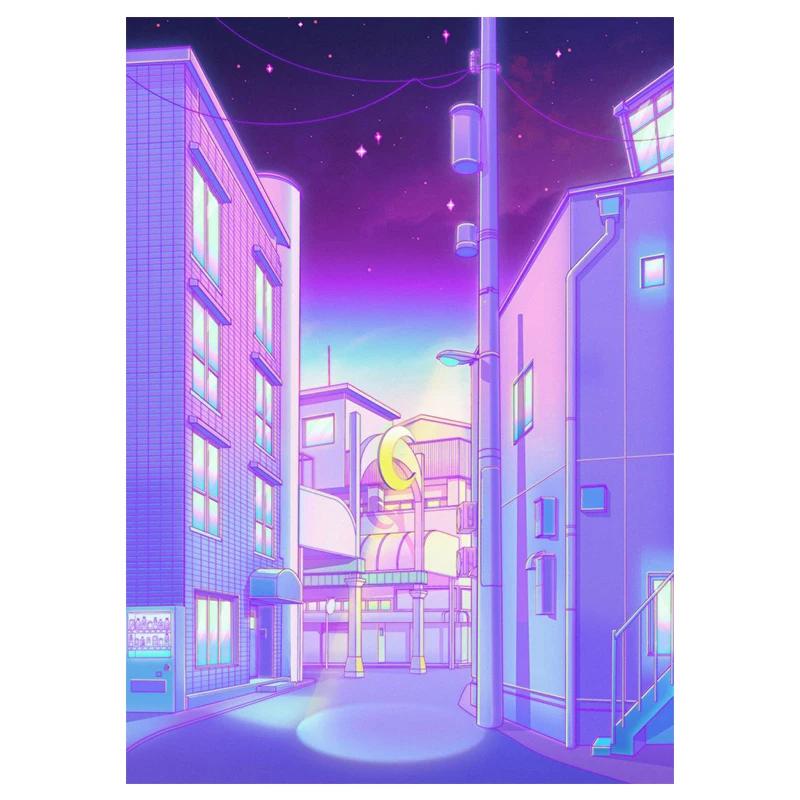 80s Vaporwave Style Wall Art Poster City Night Street Cat Canvas Painting Print Home Decoration Kawaii Room Decor Canvas Picture