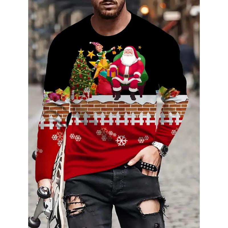 Men's T-Shirt Santa Claus 3D Print Christmas Men's Long Sleeve T-Shirts Casual Pullover Top Holiday Comfortable Men's Clothing