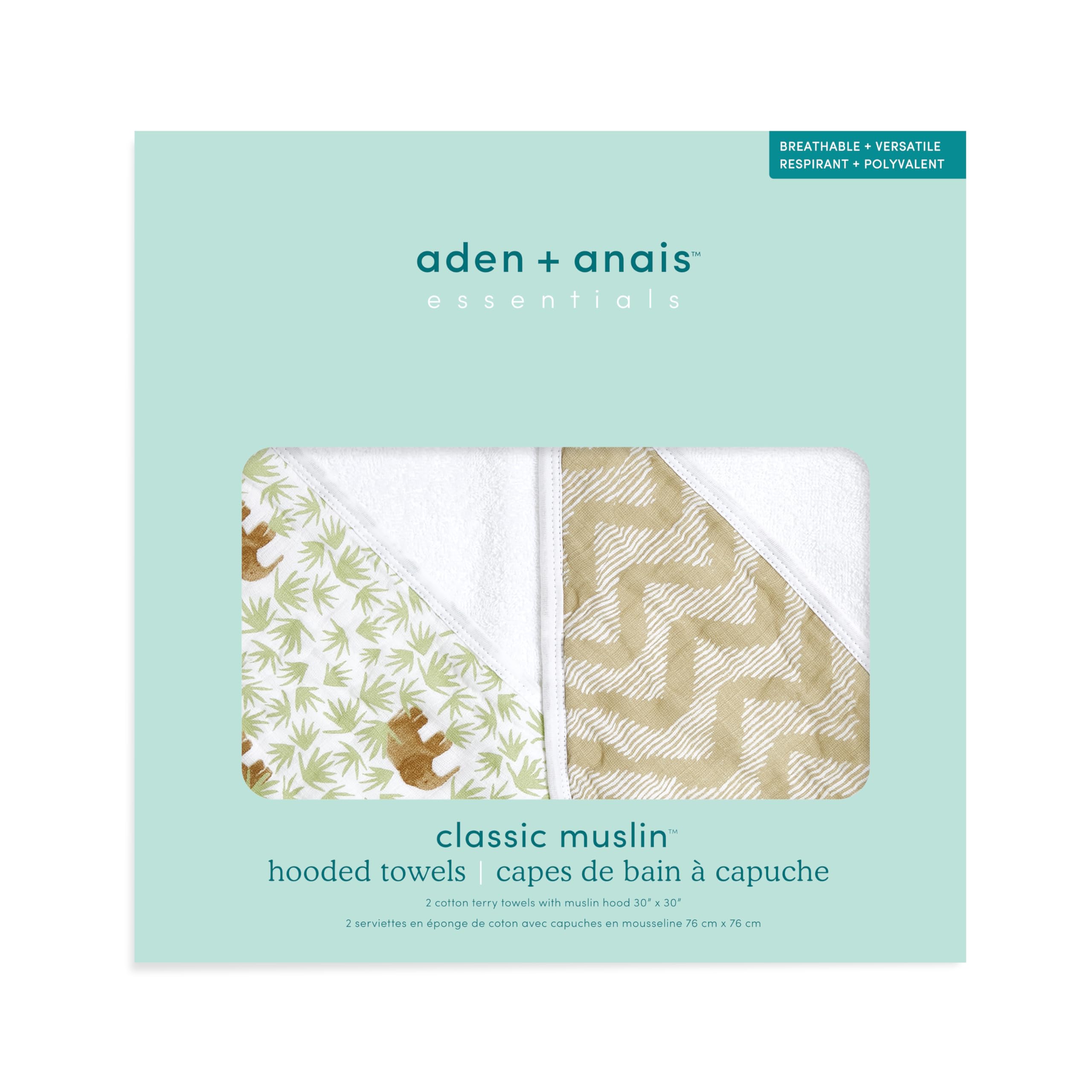 

aden + anais essentials Hooded Towels (2-Pack), Tanzania 100% Cotton, 76x76cm, Soft, Breathable, Machine Washable, Baby Gift, GFADAEEHTC20024