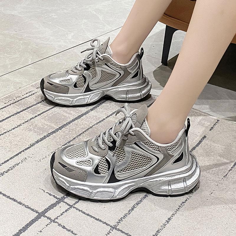Silver women's 2025 summer new soft leather thick sole heightened mesh breathable casual shoes thick sole