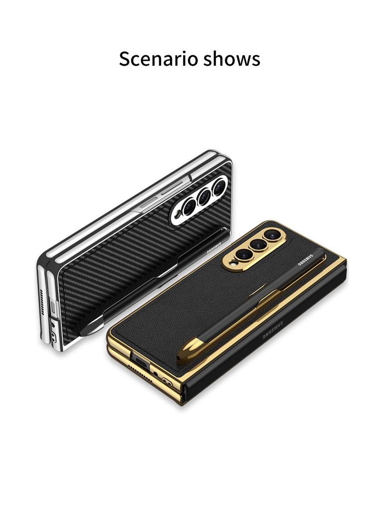 Samsung Z Fold 4 Pen Slot Leather Phone Case with Electroplated Finish and Camera Protection