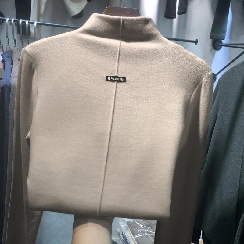 Harajuku Half Turtleneck Casual Slim Fleece Thick Bottoming T-shirt Autumn Winter Velvet Long Sleeve Solid T Shirt Women Top