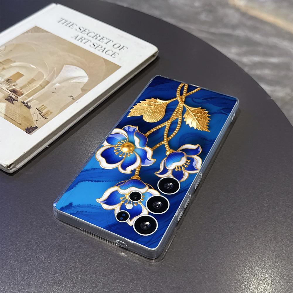 Blue Enamel Flowers with Gold Phone Case for Samsung Galaxy S26 S25 S24 S23 S22 S21 S20 FE Plus Lucency TPU Protection Cover